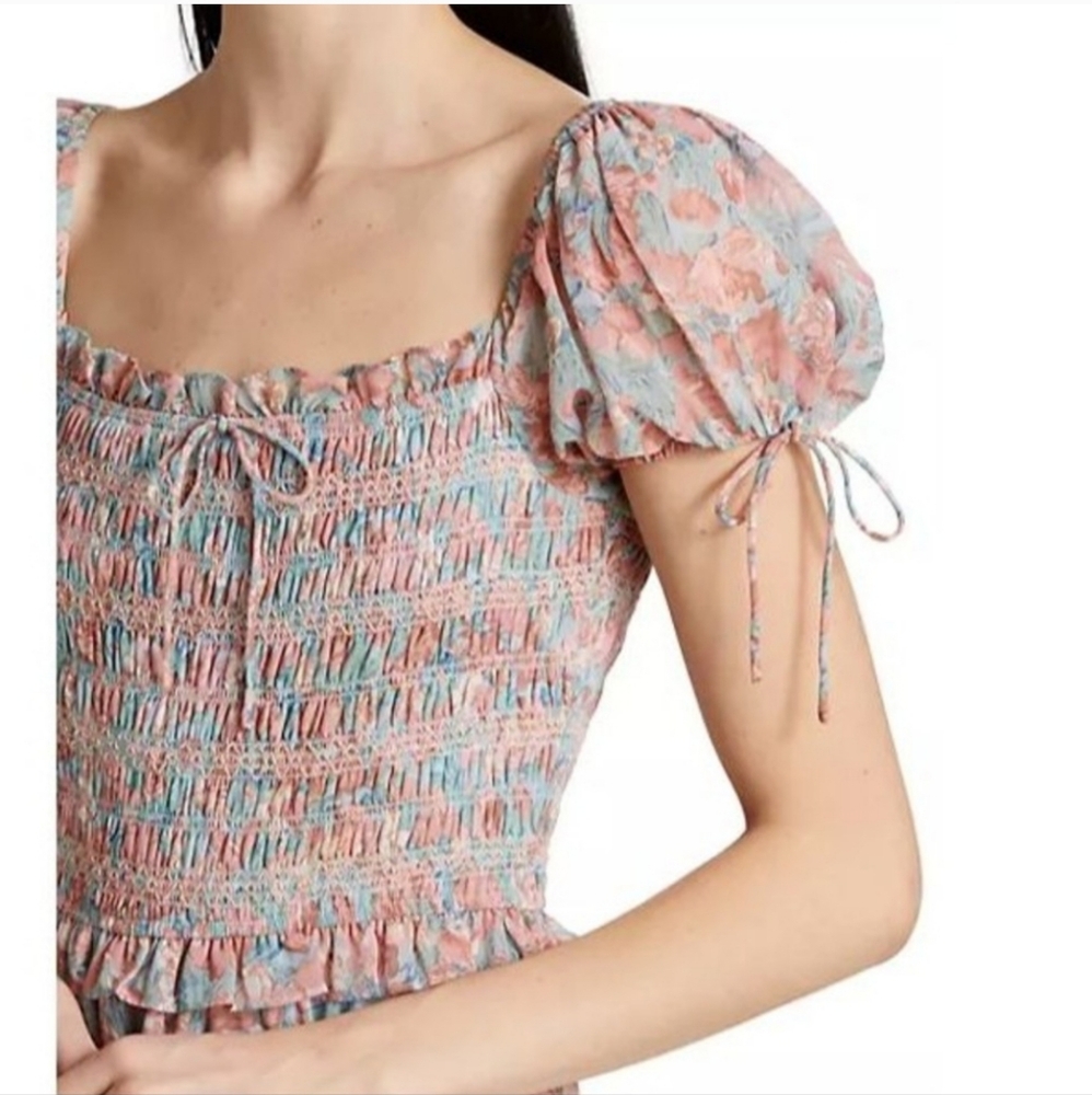En Saison‎ Short Sleeve Smocked Floral Blue and Pink Floral Midi Dress Peasant - Picture 2 of 12